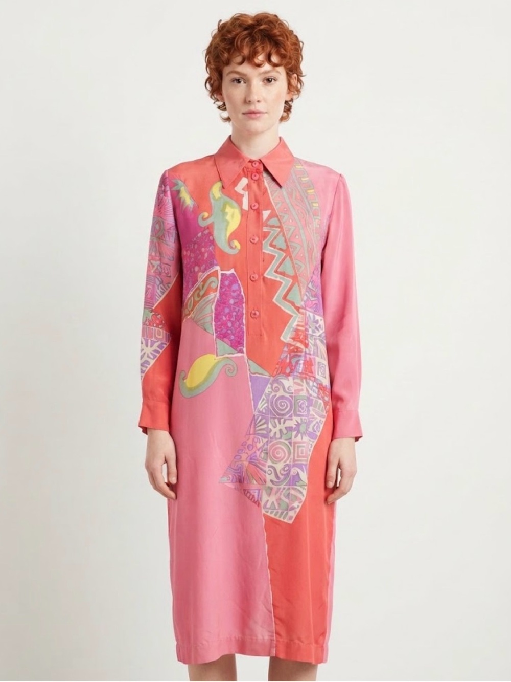 Retro 80s/90s Silk Abstract Print Button-Down Midi Dress Anne Crimmins 12